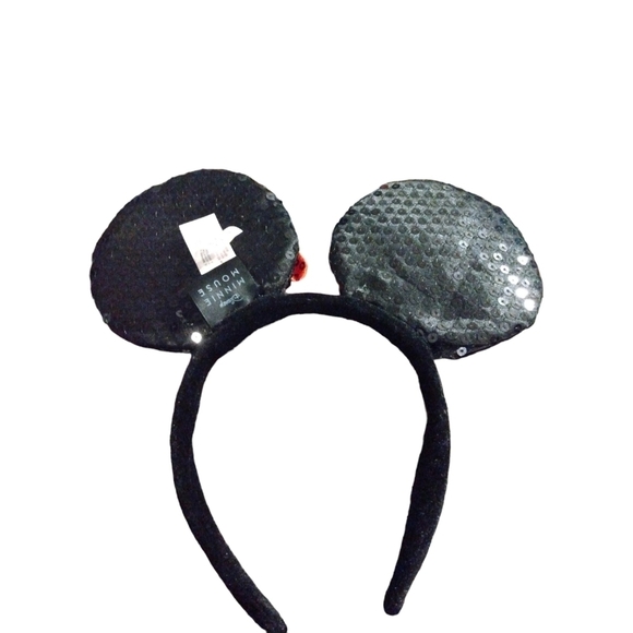 Minnie Mouse Sequined Headband Ears Disney Black & Red Bow - Picture 3 of 7